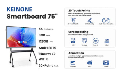 ZhiYu 75 inch Smart Board 8+128 – Android 14, Windows 10 dual system 4K Interactive Flat Panel