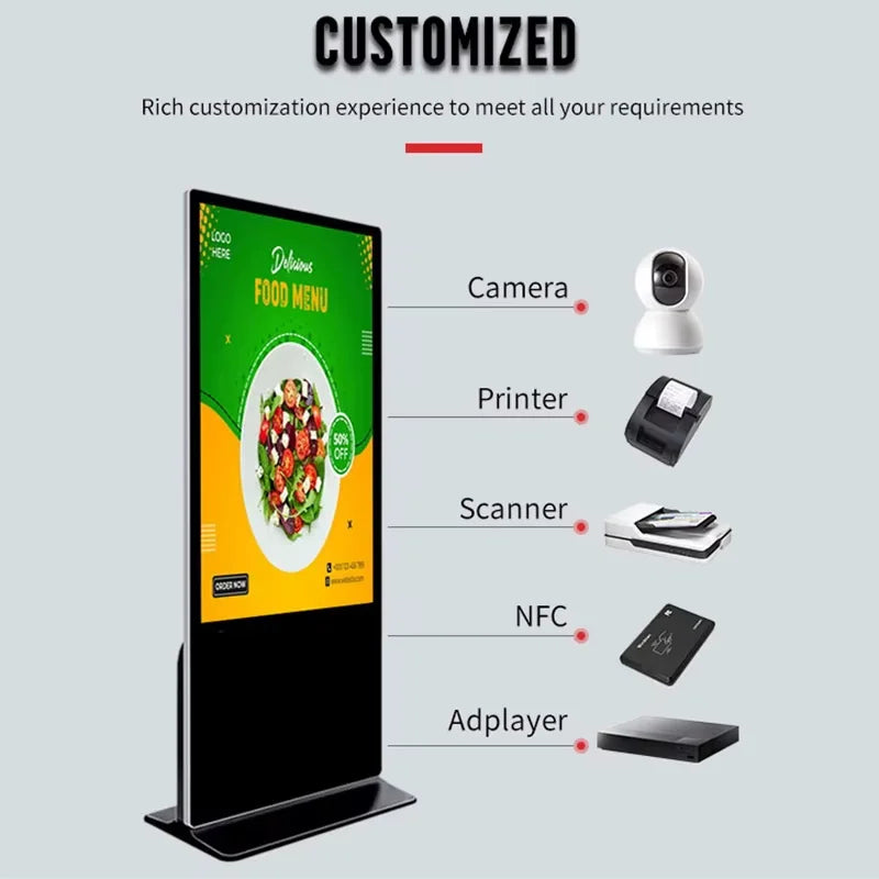 ZhiYu 65” Touch Digital Poster Kiosk, Single Sided, Android 11 OS, Caster Wheels
