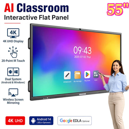 ZhiYu 55 Inch 4K Interactive Flat Panel Smart Board | Dual OS Android 14 & Windows 10